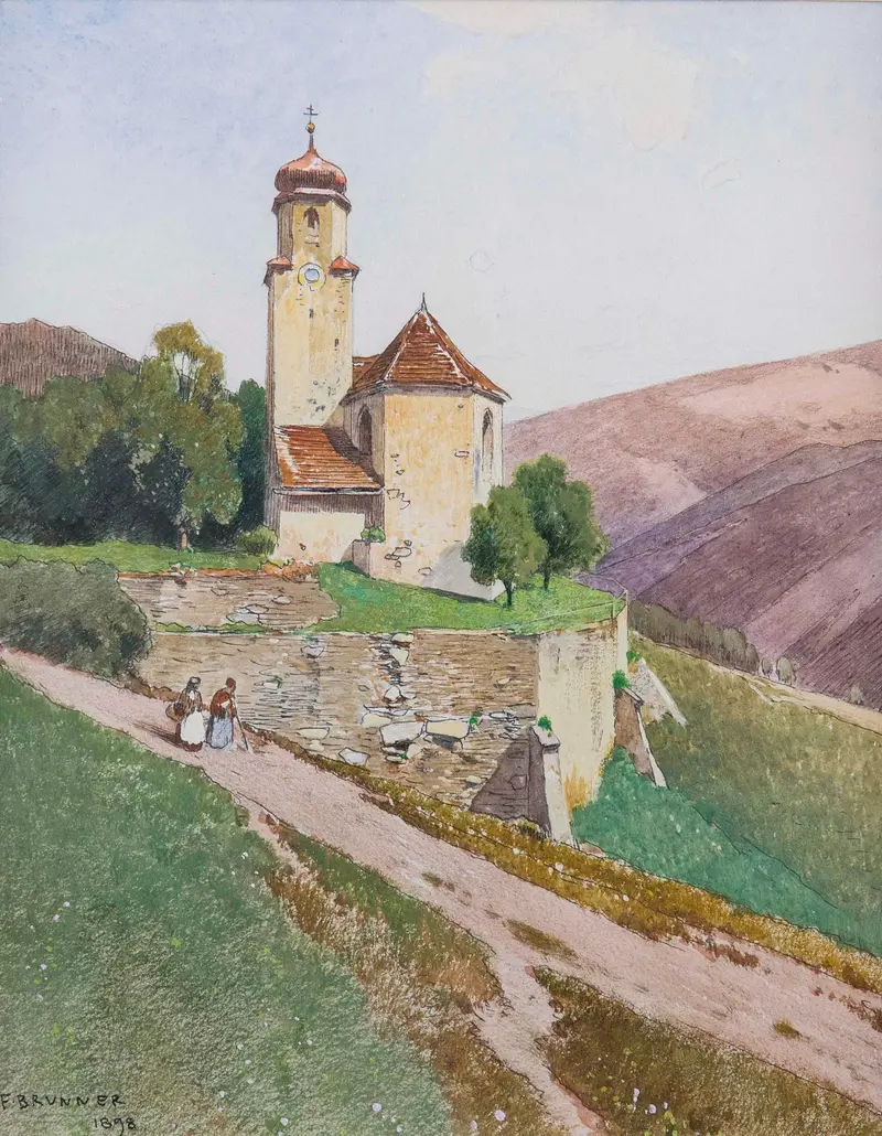 Hügelige Sommerlandschaft mit Kapelle und Personenstaffage, oil on canvas by Ferdinand Brunner