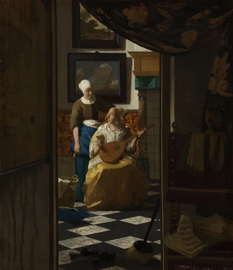 A woman in a golden skirt sits holding a cittern and letter while a maid in a blue skirt leans toward her in a sunlit room with a checkerboard floor.