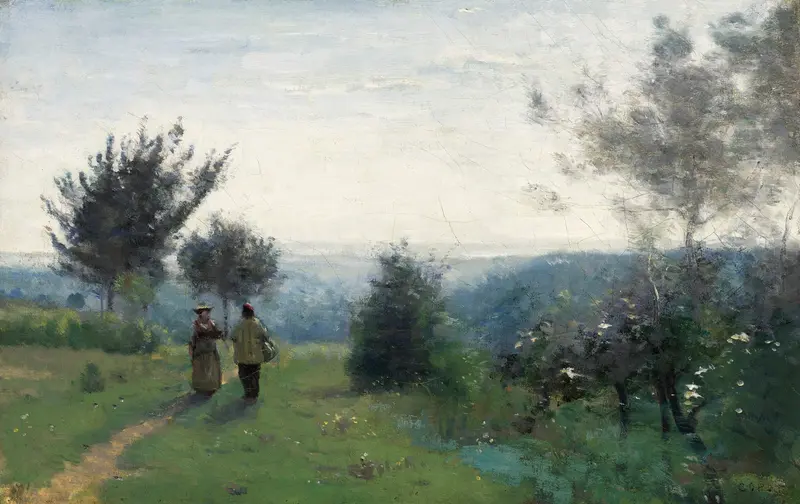 Landscape oil painting by Jean-Baptiste-Camille Corot featuring figures conversing at dawn.