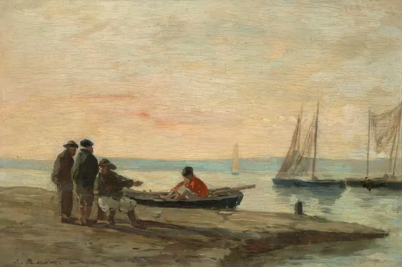Marine scene with boats at a harbor, oil on canvas by Eugène Boudin