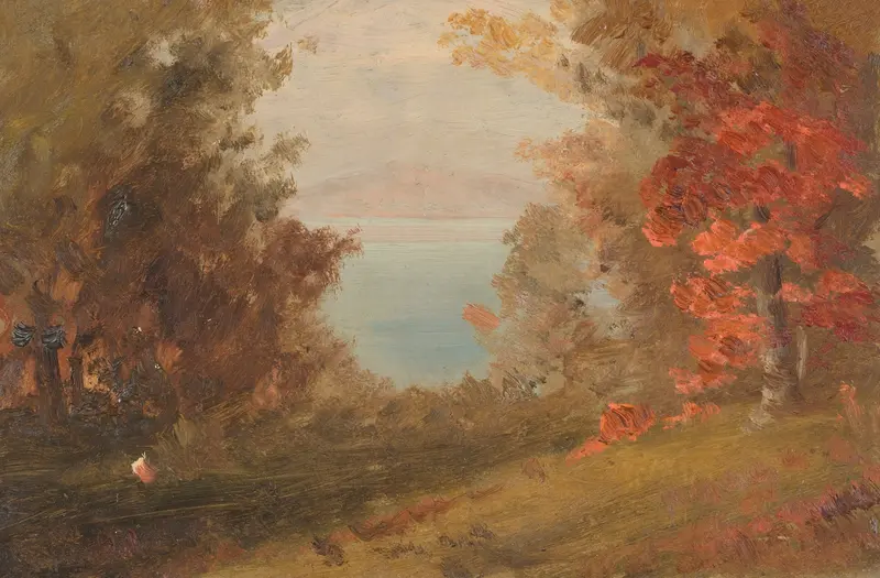 Woodland scene in autumn by Frederic Edwin Church, oil on canvas depicting a vibrant forest with golden light.