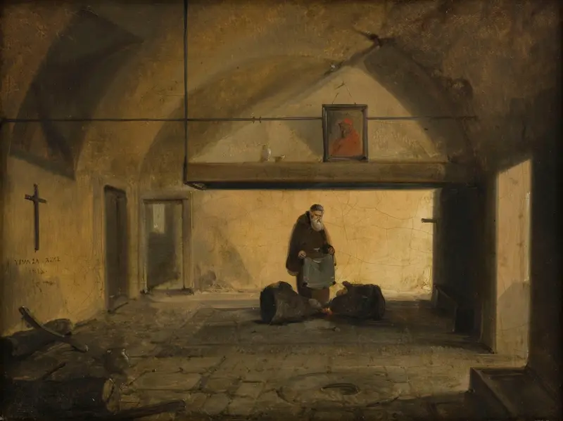 Interior scene featuring a monk in ochre tones, oil painting by François-Marius Granet