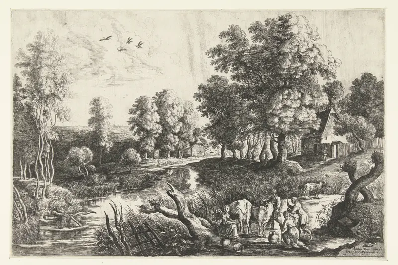 Boeren met vee bij een beek etching by Lucas van Uden showing farmers with cattle by a river