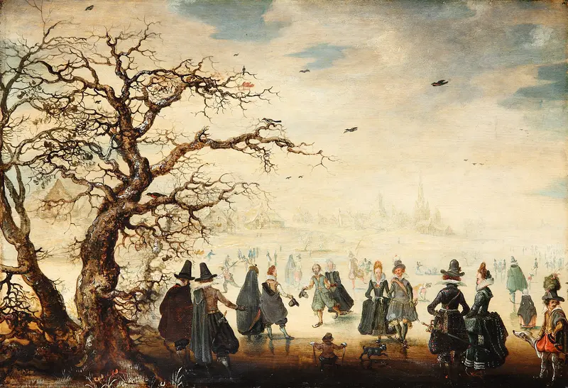 A winter landscape featuring elegantly dressed figures ice-skating on a frozen river under a pale golden sky.