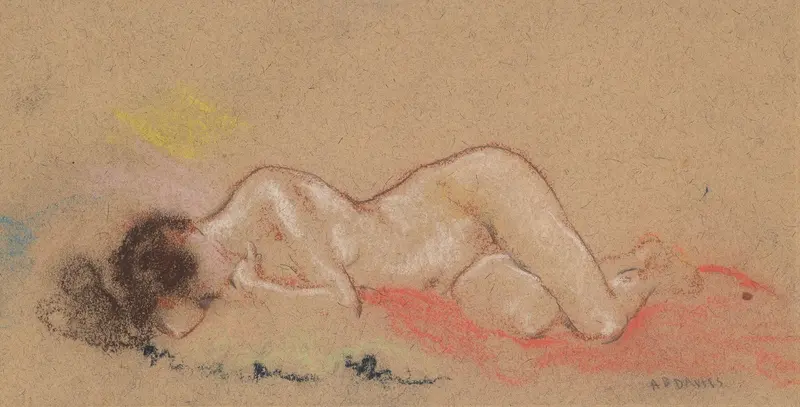 A reclining female nude with a hand under her chin, showcasing the artist's unique style.
