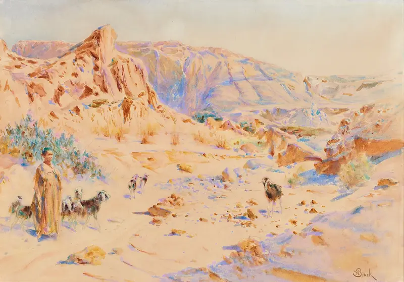 Landscape featuring a shepherd on rugged terrain by Alphonse Birck