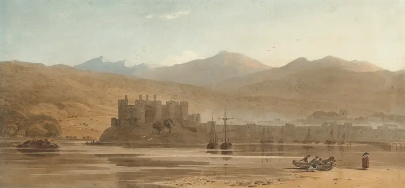 Landscape of Conwy Castle in North Wales by John Varley, oil painting