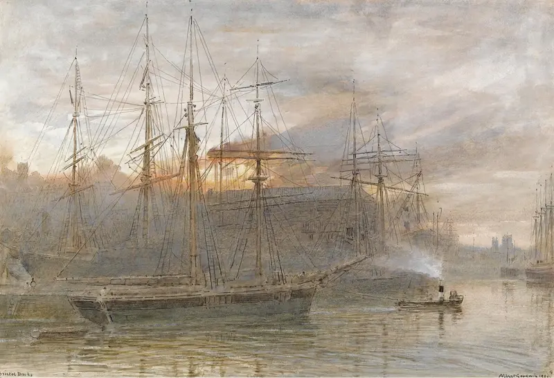 Bristol Docks by Albert Goodwin, watercolor on paper depicting abandoned ships in evening mist.
