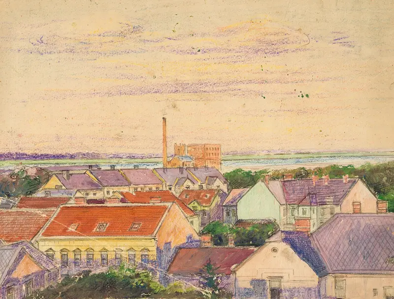 Urban landscape oil painting by Egon Schiele featuring muted colors and angular buildings.