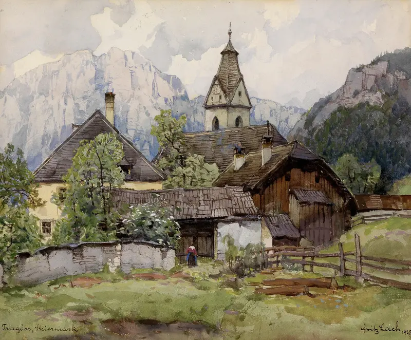 Landscape by Fritz Lach, depicting a tranquil village with hills and pastel sky.