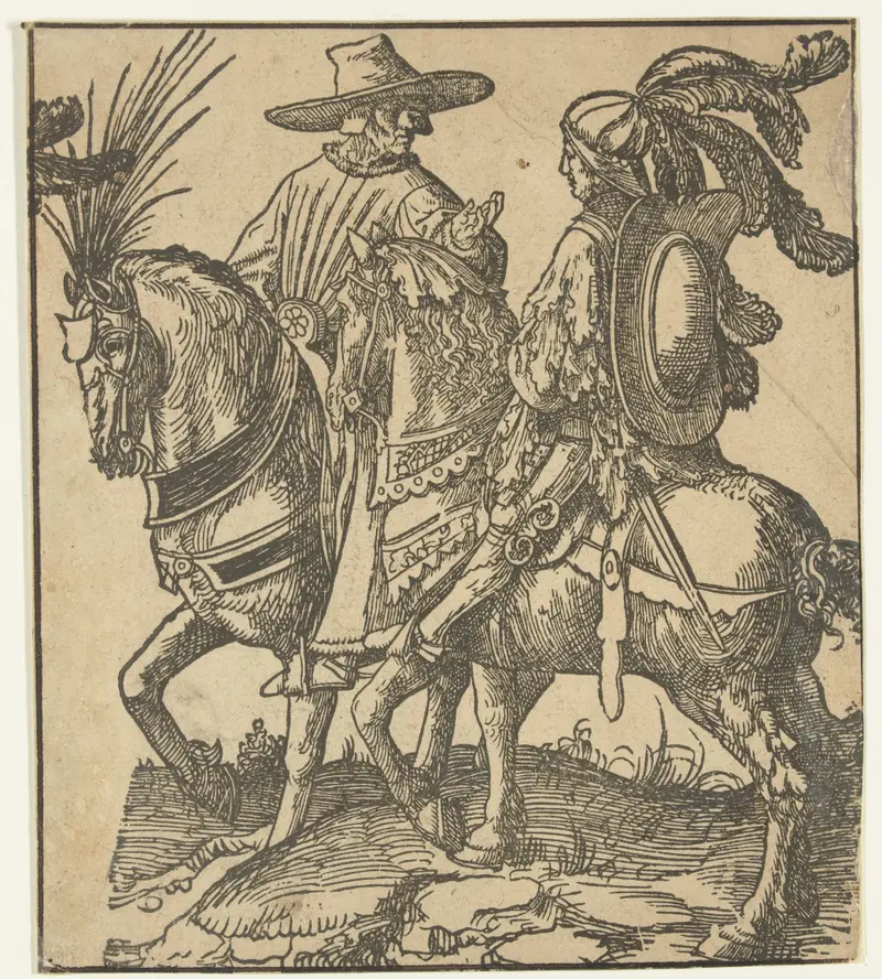 Twee ruiters by Jacob Cornelisz van Oostsanen, paper medium, features two riders on horses in a vibrant landscape.