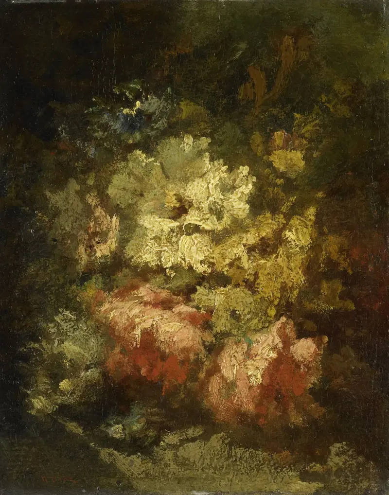 A beautiful still life painting featuring white and red roses.