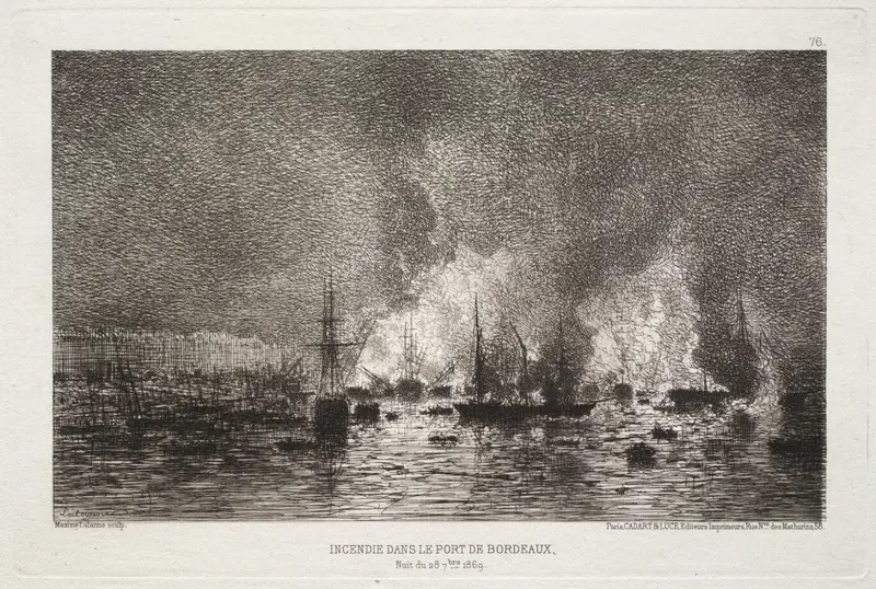 Conflagration in the Port of Bordeaux by Maxime Lalanne, oil painting depicting ships in a fiery sky.