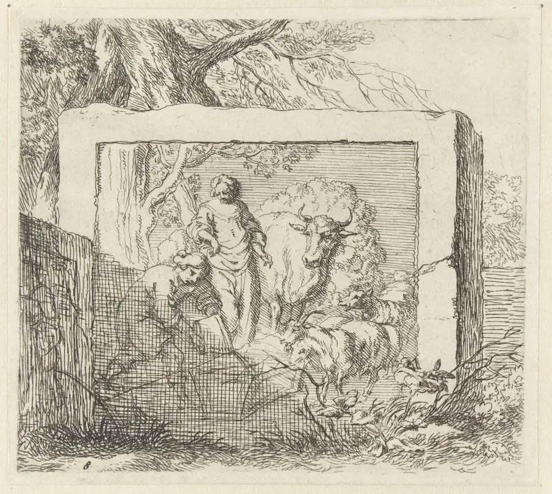 Etching by Nicolaes Pietersz Berchem depicting a shepherd pouring water into a trough