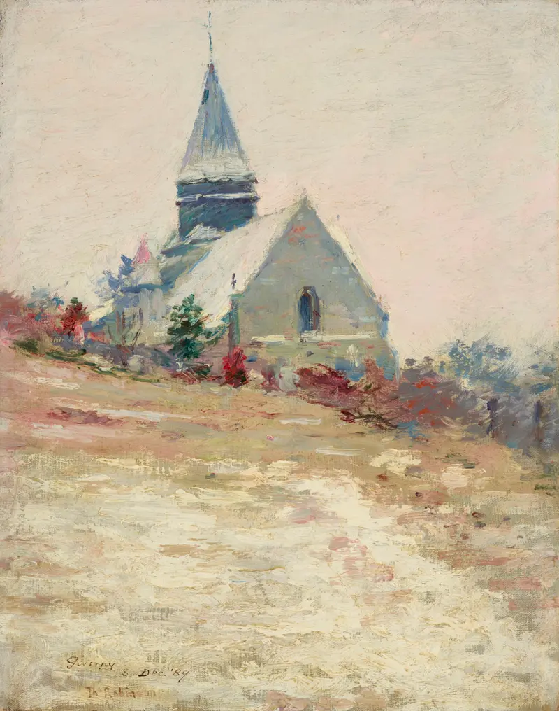 Giverny by Theodore Robinson, oil on canvas depicting a garden with lavender flowers.