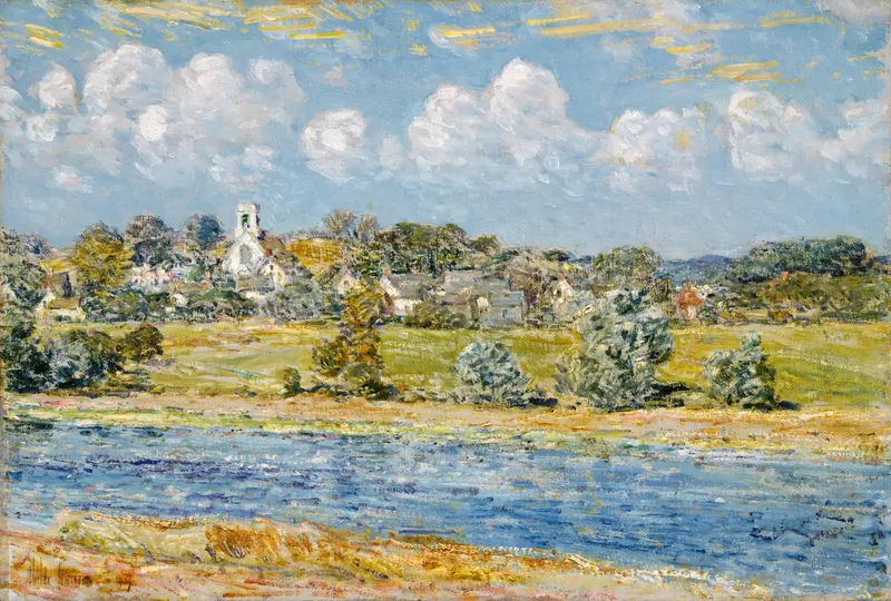 Landscape at Newfields, New Hampshire by Childe Hassam, oil painting depicting serene hills and trees.