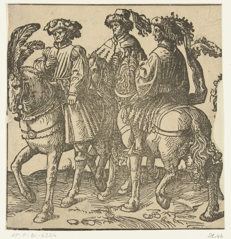 Historical scene with three horsemen in colorful garments, paper by Jacob Cornelisz van Oostsanen