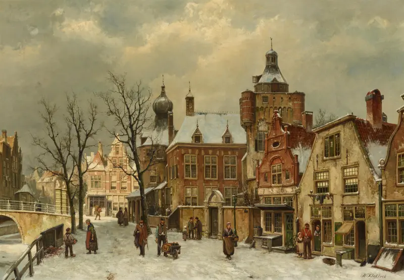 Genre scene of a crowded square in Rotterdam, oil painting by Willem Koekkoek