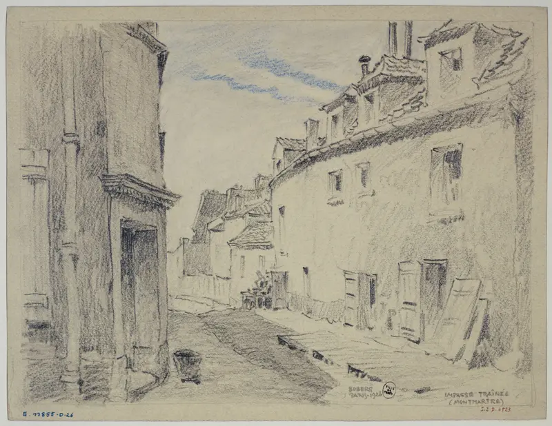L’impasse Traînée à Montmartre by Ferdinand Boberg, medium unknown, depicts a cobblestone alley in Paris.