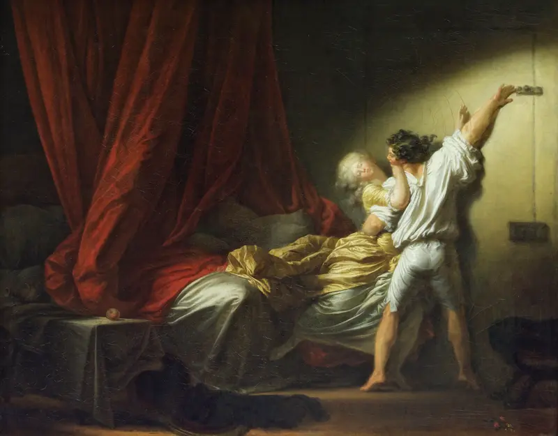 A man in a white shirt slides a bolt across a door while holding a woman in a golden satin dress seated on an unmade bed with red drapery nearby.