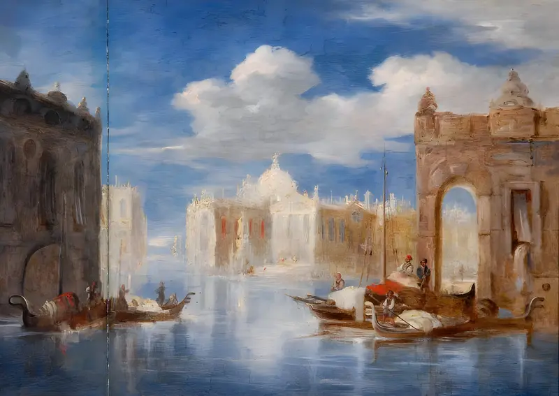 A hazy depiction of Venice, Italy, showcasing its shimmering waters and atmospheric light.