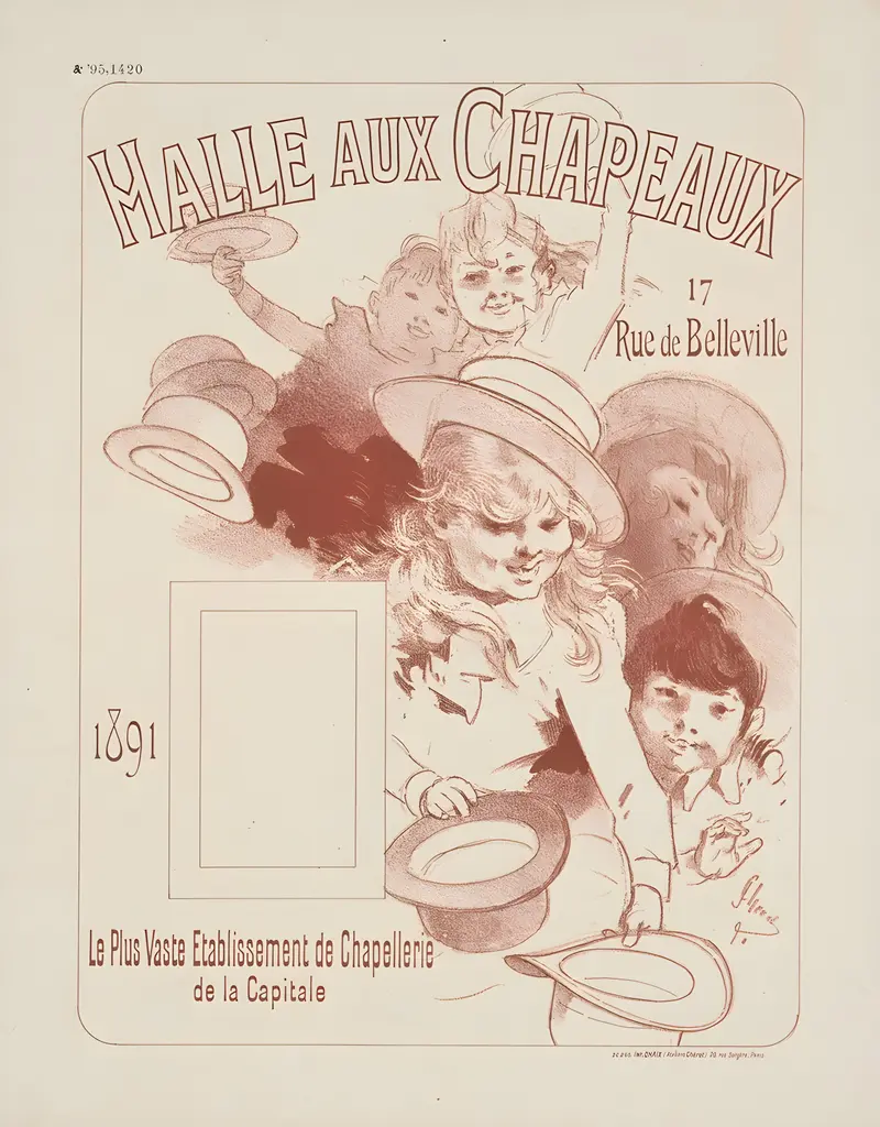 A vibrant depiction of a hat shop in Paris by Jules Chéret.