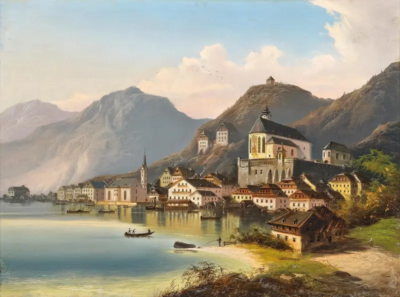Landscape of Hallstatt with mountains and lake, oil on canvas by Johann Wilhelm Jankowsky