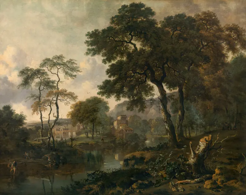 Landscape by Jan Wijnants, oil on canvas depicting a river through lush greenery