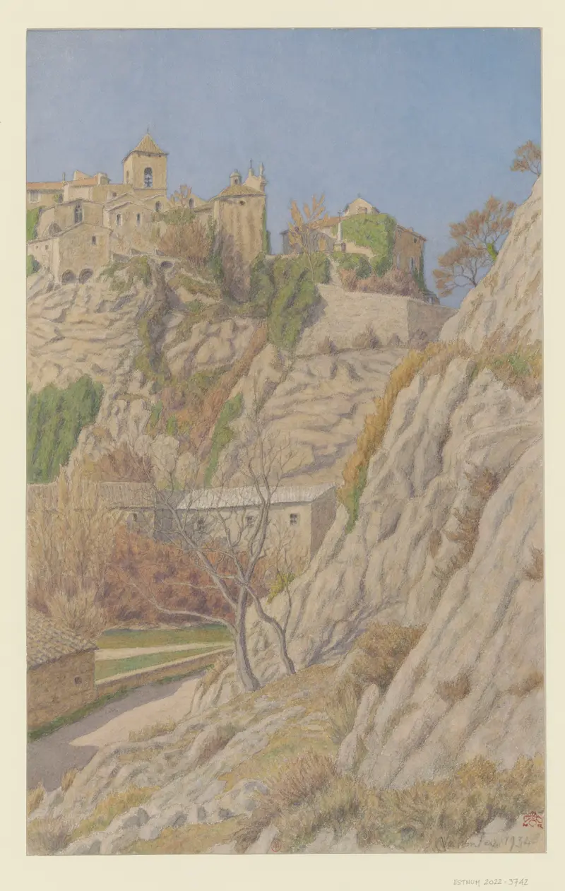 Vaison, la vieille ville by Henri Rivière, watercolor on paper, depicting a village with ancient buildings in golden light.