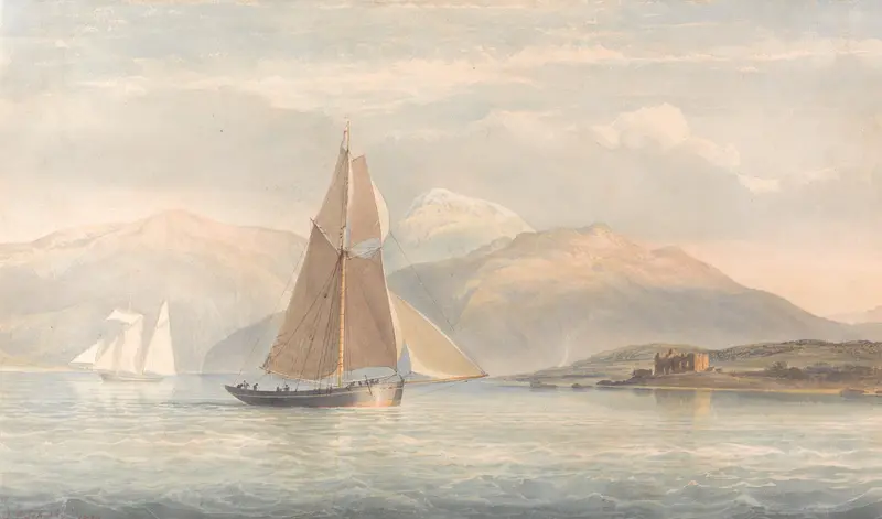 Boat sailing on water with mountains in the background, oil on canvas by John Christian Schetky.