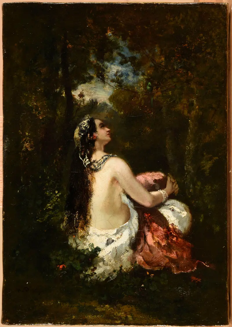A portrait of a woman with a parakeet by Narcisse-Virgile Diaz de La Peña.