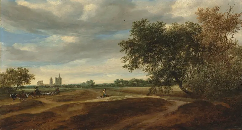 Wooded landscape with a herdsman on horseback driving cattle, oil painting by Salomon van Ruysdael.