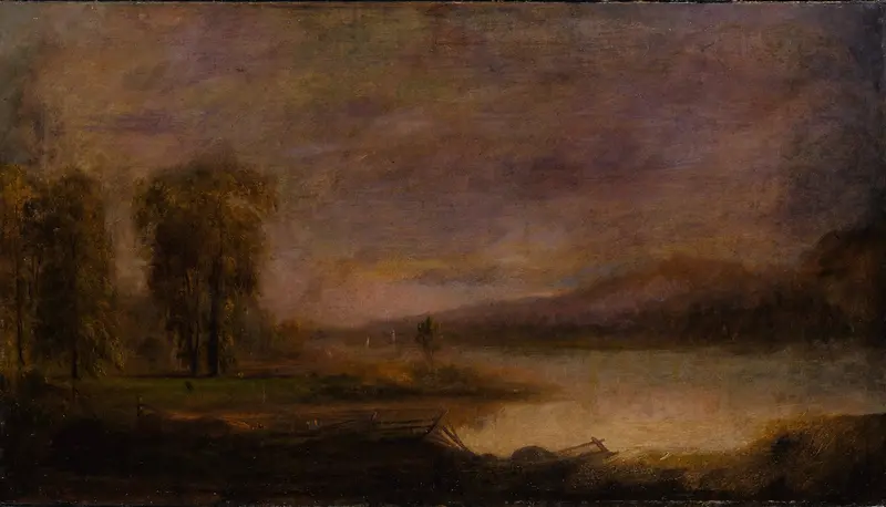 Landscape with Lake by Robert S. Duncanson, oil on canvas depicting a tranquil lake at dusk.