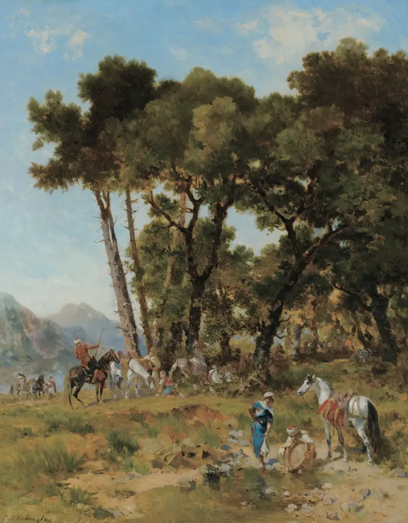 Halte Dans Les Montagnes by Georges Washington, oil painting of a figure in a mountain landscape