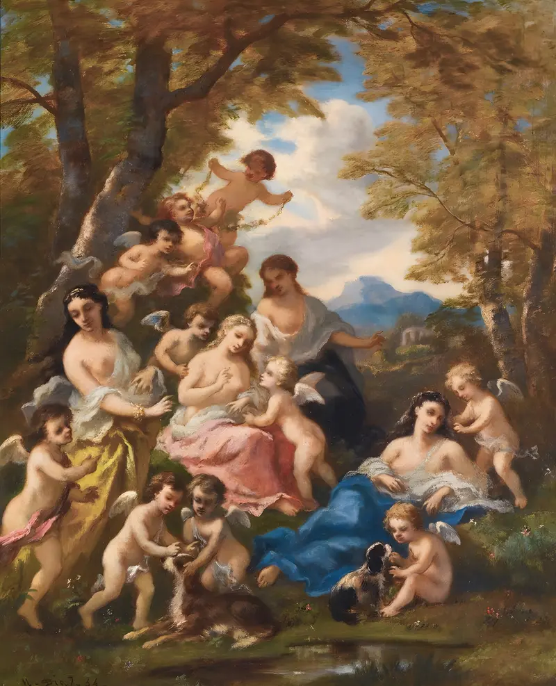 A painting depicting nymphs and love in a lush, romantic setting.