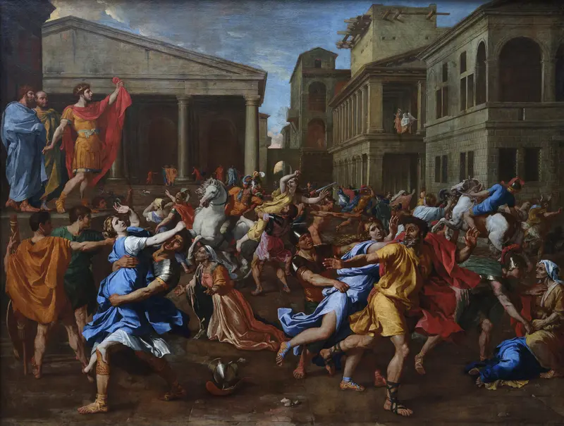 A chaotic scene in a classical city square shows men seizing women amid shouts and gestures, with a white horse rearing and grand temple columns in the background.