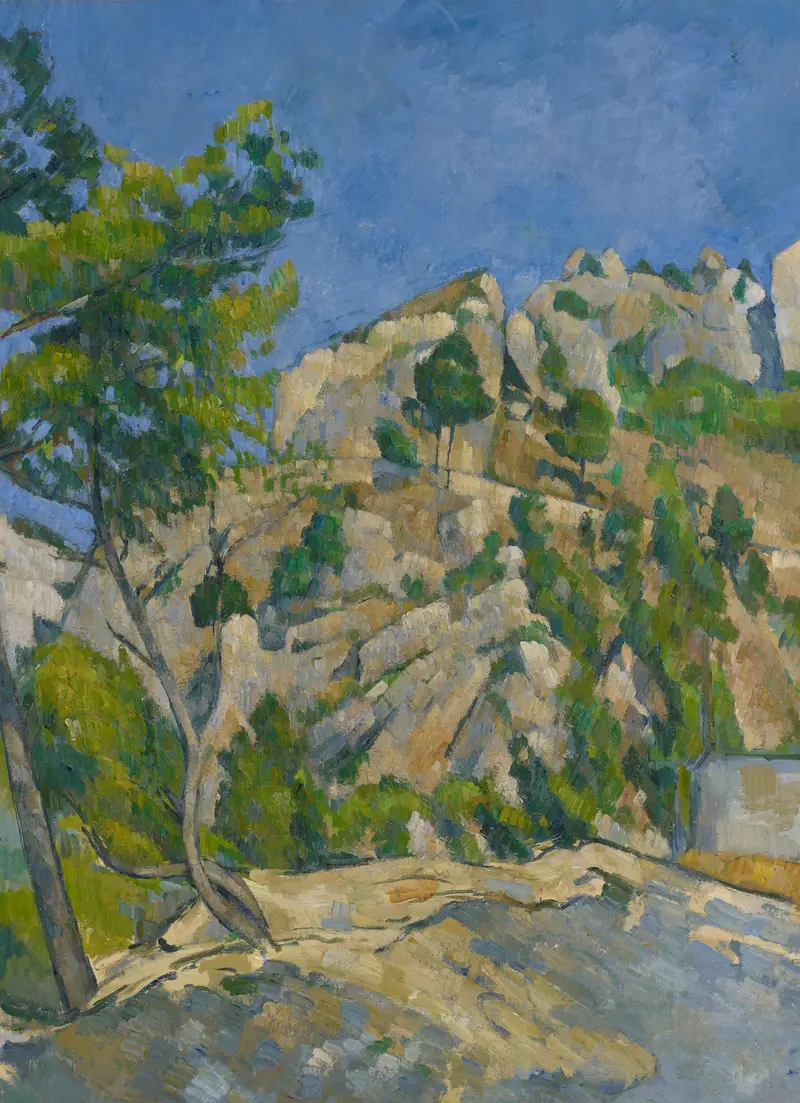 Bottom of the Ravine by Paul Cezanne, oil painting depicting a lush landscape with greens and earthy tones.