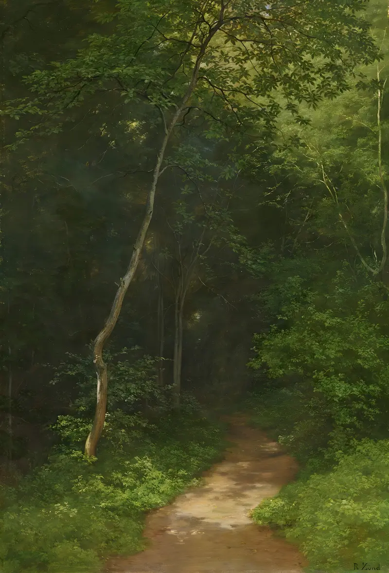 Waldweg Forest Track by Robert Zünd, oil painting depicting a forest path with light and shadow.