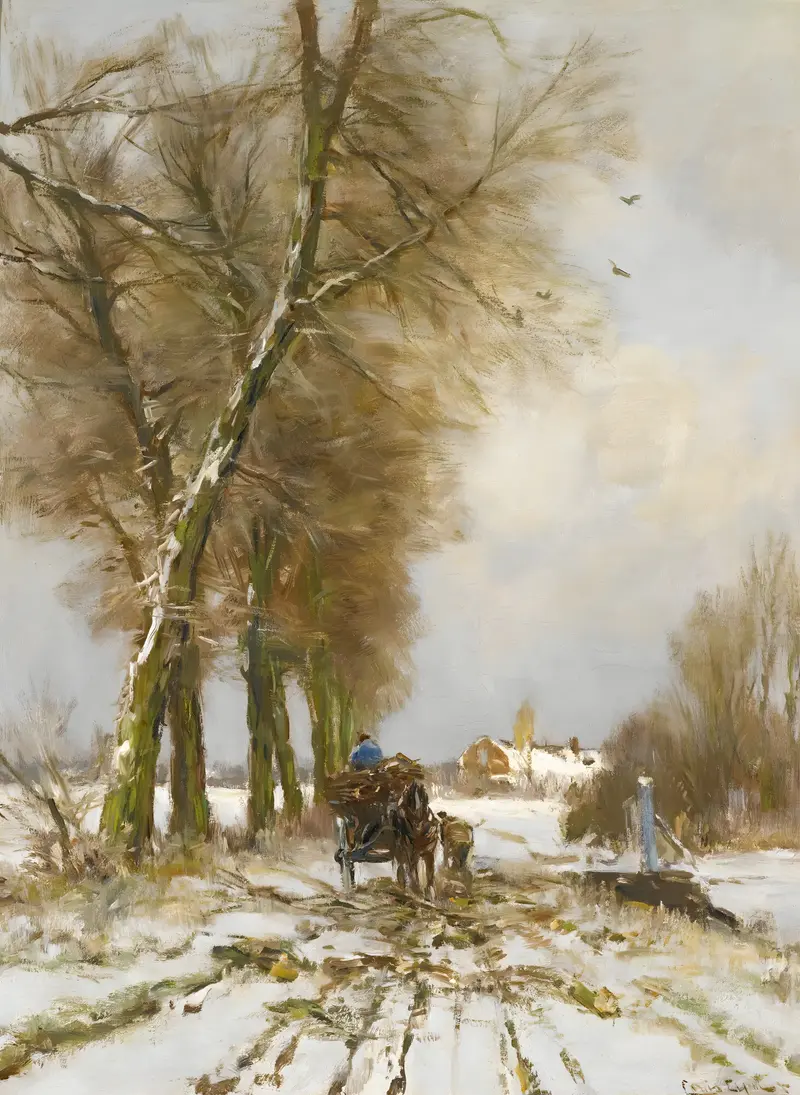 Figures on a snowy path, oil painting by Louis Apol