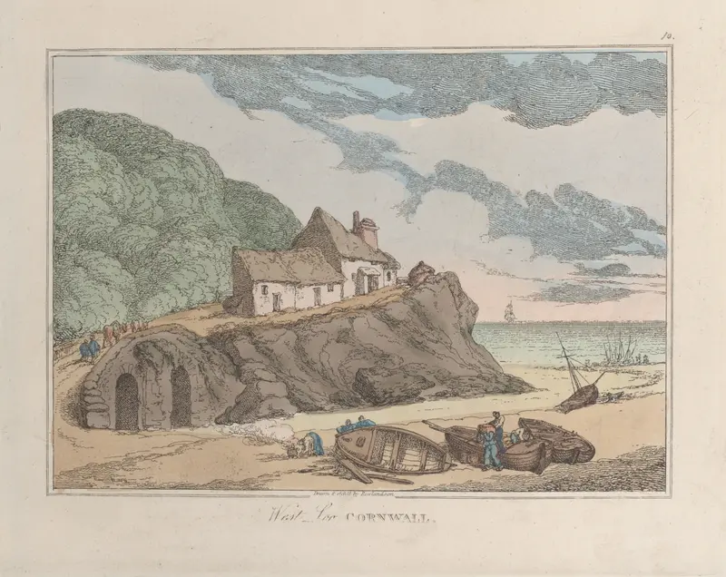 Coastal landscape with rolling hills and the sea, oil painting by Thomas Rowlandson