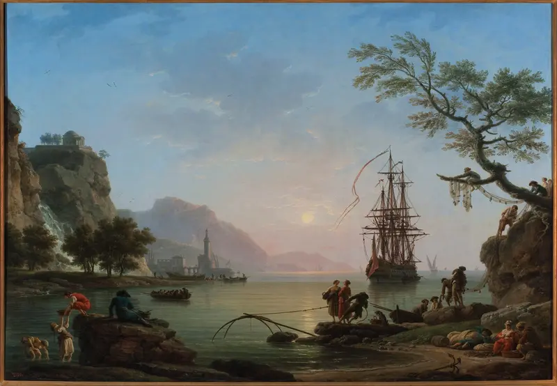 Fishing port at dawn, oil on canvas by Claude-Joseph Vernet, featuring fishermen silhouetted against the water.
