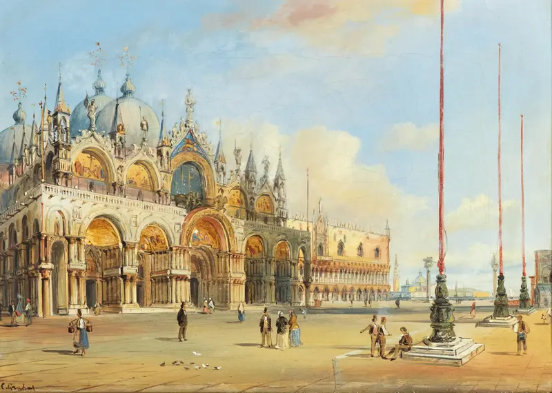 Venice, The Basilica Of Saint Mark by Carlo Grubacs, oil painting depicting the basilica at twilight