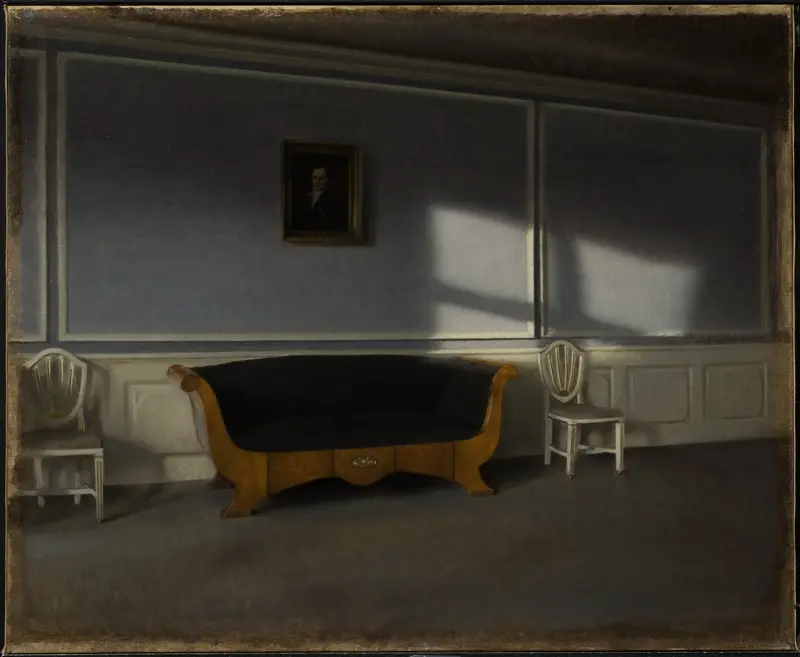 A serene interior scene illuminated by sunlight, painted by Vilhelm Hammershøi.