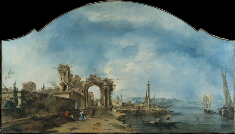 Rococo landscape with a serene lake at twilight by Francesco Guardi