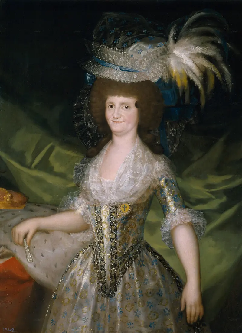 A woman in a richly decorated gown and grand feathered hat stands beside a crown on a red cushion against a green drapery backdrop.