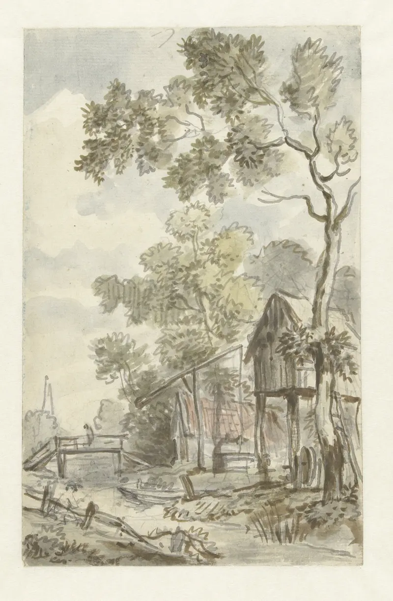 Watercolour by Jurriaan Andriessen depicting a landscape with hills and an amber sky.