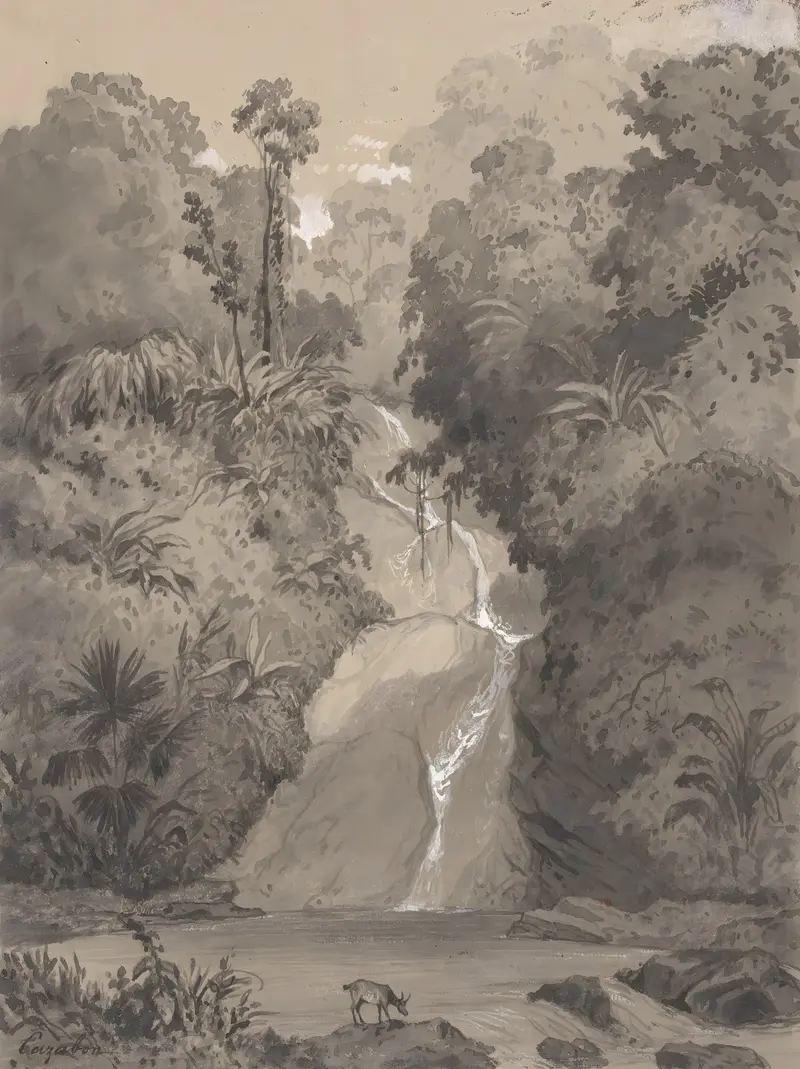 St. Ann’s Waterfall by Michel Jean Cazabon, oil on canvas depicting a serene landscape with a waterfall