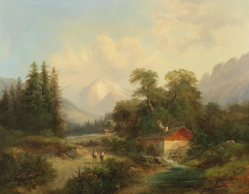 Landscape oil painting by Gustav Barbarini depicting mountains and a valley under a vast sky.