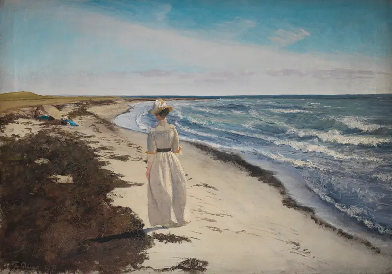 Figurative oil painting by Laurits Andersen Ring depicting a woman at the beach with a parasol.