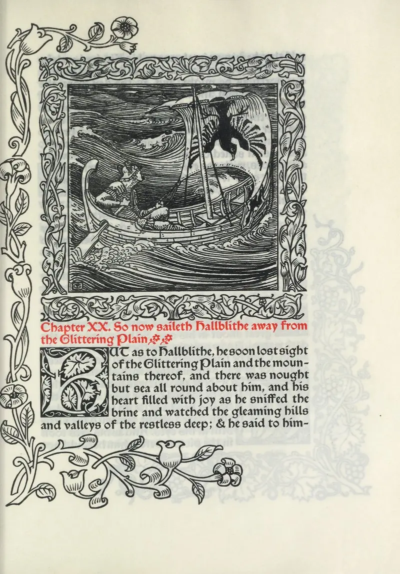 Walter Crane's painting depicts a serene marine scene as Hallblithe sails away.